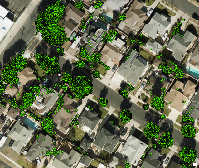 Aerial mapping view with extracted tree and urban feature points