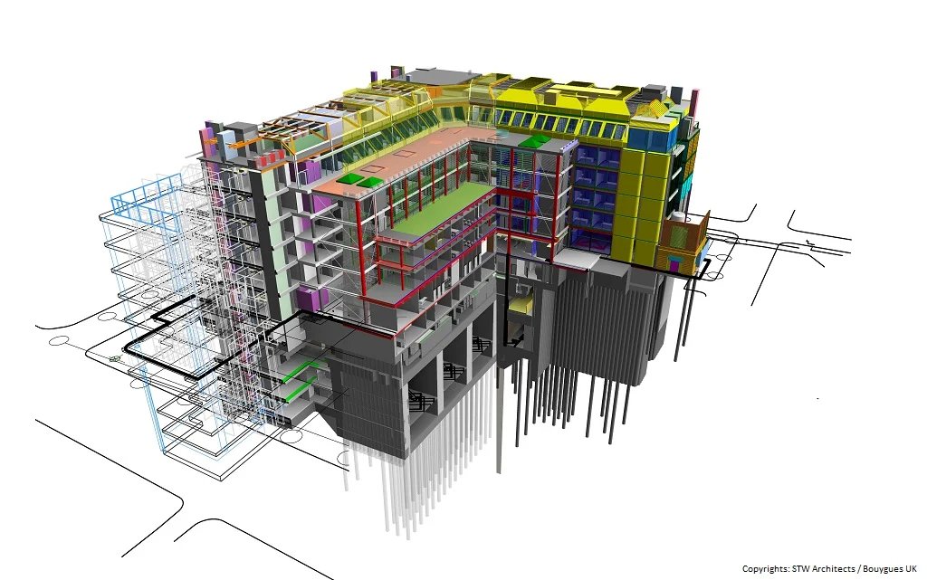 BIM building model showing architectural and structural detail